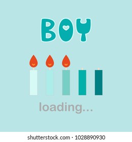 baby boy is coming. candle is percentage bar which one flame is 20%. card design. color shades of blue concept. funny concept. vector illustration.