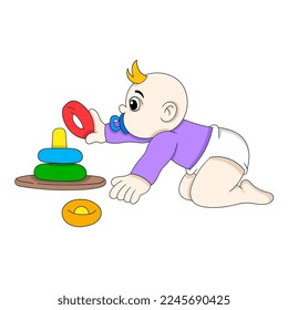 Baby Boy Crawling spielen pädagogisches Spielzeug für die Entwicklung des Gehirns. Vektordesign-Illustration