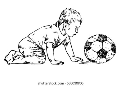 Baby boy is crawling with soft plush football ball toy, hand drawn doodle, sketch in pop art style, vector illustration
