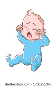 Baby boy crying. Funny toddler expression of sitting newborn isolated cartoon vector sad cute child