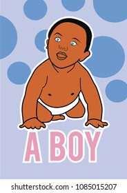 A baby boy with dark skin color, blue eyes, crawling