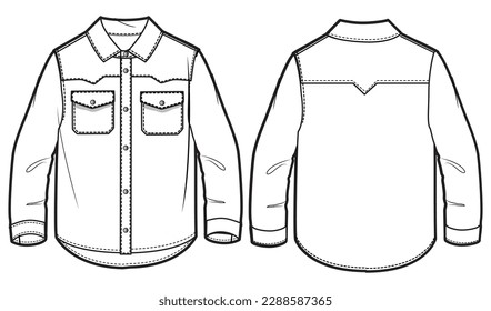 Niño Denim Shirt diseño dibujo plano modelo ilustración vectorial plantilla con vista frontal y trasera, niño bebé diseño de cad de camisa occidental se burla