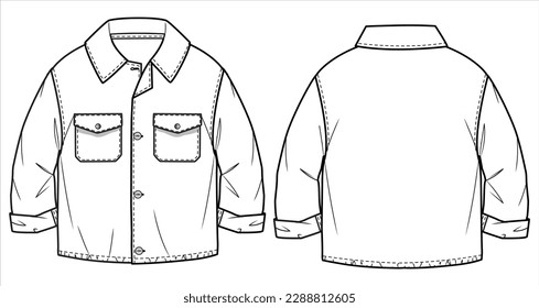 Niño Denim Shirt diseño dibujo plano modelo ilustración vectorial plantilla con vista frontal y posterior, niño bebé cad de camisa occidental dibujo maqueta