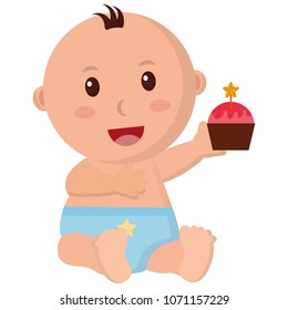 baby boy with diaper and cupcake in hand
