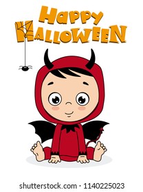 baby boy disguised as a demon. Happy halloween card