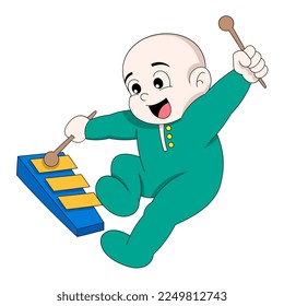 baby boy is doing funny behavior playing percussion instrument. vector design illustration art