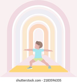 Baby boy doing yoga. Warrior II pose. Yoga Virabhadrasana B posture or asana. Baby boy cartoon yoga pose. Full body yoga workout vector illustration