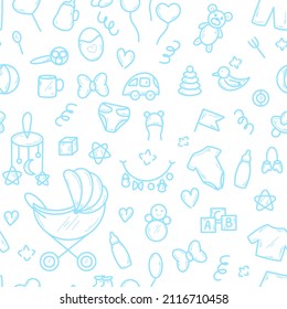 Baby boy doodle seamless pattern. Background with toys and children's items in blue. Template for wallpaper, fabric, paper and design vector illustration