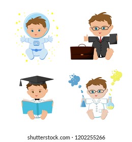 Baby boy dream jobs, professions set. Astronaut, businessmen, teacher, scientist kids.  Flat design vector illustration isolated on white background.