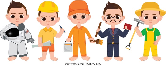 Baby boy dream jobs, professions work. Astronaut, engineer, painter, teacher, farmer kids. vector illustration isolated on white background.