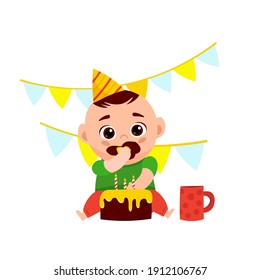 Baby boy eating a cake. Naughty children behavior. Little kid tricks. Child plays and grows. Funny character. Editable vector illustration in a flat cartoon style isolated on a white background. 