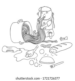 Baby boy eating pasta. He knocked over a saucepan, bowl with meatballs and peas, poured out ketchup from a bottle, bit off a piece of bread. Vector ink doodle illustration. Great for coloring book.