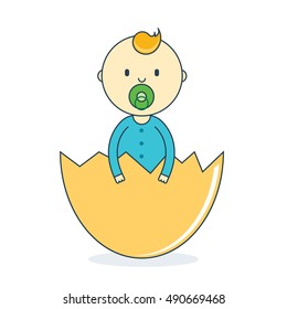 Baby boy in eggshell with pacifier. Newborn human male in hatch vector illustration. Offspring or toddler in nutshell. Birth of child or infant cartoon image in flat line style.
