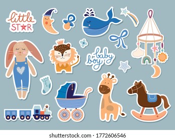 
Baby boy elements collection, baby shower stickers set, trendy design