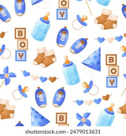 Baby boy elements seamless pattern with kids clothes,toys,birthday elements,etc.