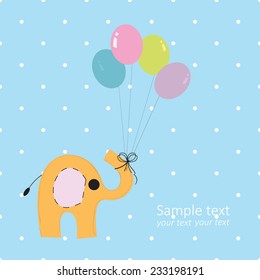 Baby boy elephant greeting card with colorful balloons 