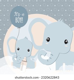 Baby boy elephant with his mother vector illustration for gender reveal. It's a boy announcement. Elephant Baby Shower