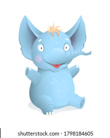 Baby boy elephant sitting and smiling happy kids cartoon. Cute zoo animal for children isolated clip art cartoon, vector realistic 3d design. Greeting cards and kids prints graphic design.