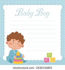 Baby Boy Empty Card with Kid Play Toy Vector Template