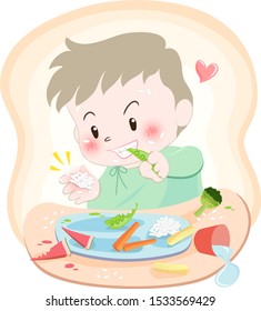 Baby boy enjoy with his foods, Baby Led Weaning, with heart icons and active symbol, with food on their plate.