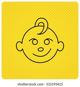 Baby boy face icon. Child with smile sign. Newborn symbol. Linear icon on orange background. Vector