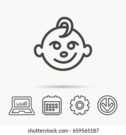 Baby boy face icon. Child with smile sign. Newborn symbol. Notebook, Calendar and Cogwheel signs. Download arrow web icon. Vector
