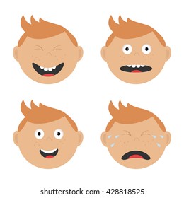 Baby boy face set with different emotions. Crying, screaming, happy, smiling, surprised, laughing head, tears. Expression Cartoon character Abuse anger boy icon. White background Isolated Flat Vector 