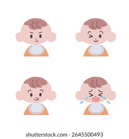 Conjunto de expressões faciais de bebê menino [piscar, chorar, ficar com raiva, colocar a língua fora]