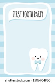 Baby boy first tooth party invitation with cute kawaii character with a bow tie. Blue stripes background and frame. Dentist poster, card, dental care brochure template.  
