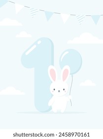 Baby boy first year anniversary birthday card. A cute rabbit with a balloon standing near the big number one on a blue background. Flat vector illustration