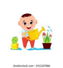 Baby boy and a flower. Naughty children behavior. Little kid tricks. Child plays and grows. Funny character. Editable vector illustration in a flat cartoon style isolated on a white background. 