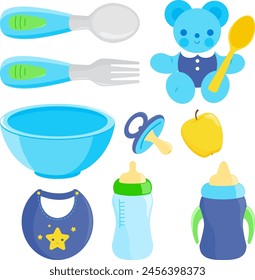 Baby boy food eating utensils set. Spoon and fork for babies, tableware set with milk bottles. Dishware, and bib for baby and toddler eating solid food. Vector illustration collection