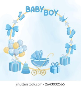 Baby boy frame for baby shower invitation with blue newborn illustrations, perfect for greeting cards, announcements, and celebration templates
