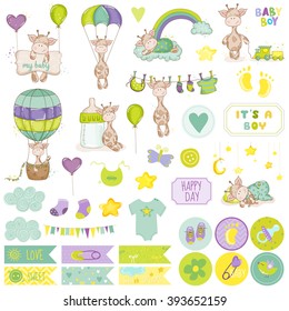 Baby Boy Giraffe Scrapbook Set. Vector Scrapbooking. Decorative Elements. Tags. Labels. Stickers. Notes.