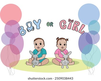 Baby boy and girl with balloons background vector illustration. Hand drawn lettering of words BOY and GIRL. Isolated on white. Design for gender party and baby shower greeting cards, backgrounds.