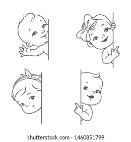 Baby boy and girl with blank frame. Smiling toddler for logotype template. Outline sketch monochrome style. Cute little baby look out, wave hand, pointing finger. Healthy child with plant text bubble.