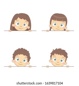 Baby boy and girl with blank frame. Template for advertising brochure with smiling toddler. Vector illustration