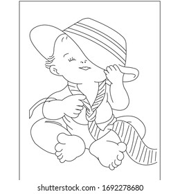 Baby boy and girl with blank frame. Smiling toddler for logotype template. Outline sketch monochrome style