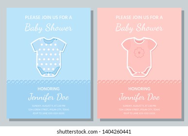 Baby boy, girl card. Vector Baby Shower invite. Welcome template invitation banner. Cute blue, pink design. Birth party background. Happy greeting holiday poster with onesie. Cartoon flat illustration