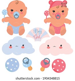 Baby boy or girl clipart, cute babies, cute clowds,kawaii babies, pink and blue,babyshower