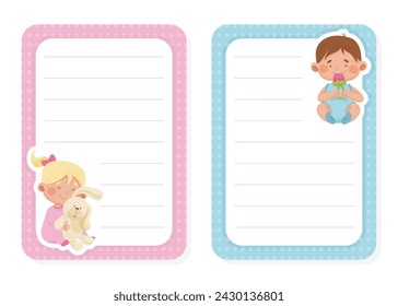 Baby Boy and Girl Empty Card with Kid Play Toy Vector Template