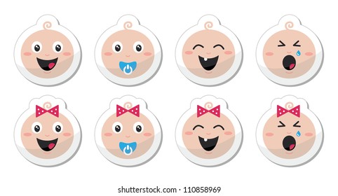 Baby boy, baby girl face - crying, with soother, smile icons