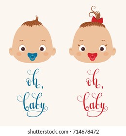 Baby boy and baby girl faces. Handwritten lettering "oh, baby". Vector illustration