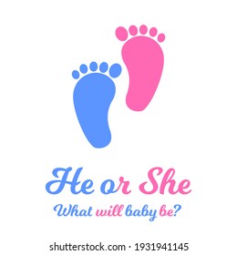 Baby boy and girl footprints, blue and pink colors. Gender reveal party invitation card or banner. He or she concept. Vector flat illustration.