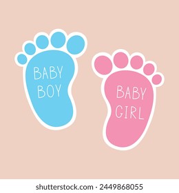 Baby boy and baby girl footprints. Blue and pink kids feet. Stickers for baby shower party. Vector isolated illustration. 