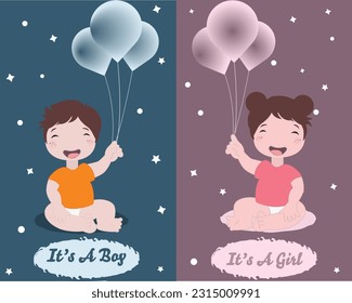 Baby boy and girl holding balloons. Baby Shower greeting card with babies boy and girl. "It's a boy" and "It's a girl". Baby gender reveal. Flat vector illustration design.