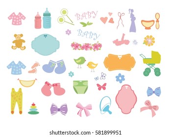 Baby boy and  baby girl icons vector set. New born baby shower elements. Baby shower design elements vector set.
