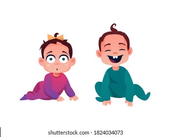 Baby boy and girl isolated cute toddler kids. Vector 7 or 8 month children, smiling cartoon infants in romper or jumper. Baby shower day characters, smiling lovely son and daughter with bow on head