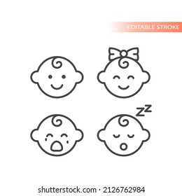 Baby boy, baby girl line vector icon. Crying and sleeping face outlined symbol.