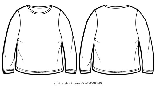 Baby boy and girl long sleeve T Shirt flat sketch fashion illustration drawing template mock up with front and back view. Toddler baby boy Crew neck T shirt top cad vector template